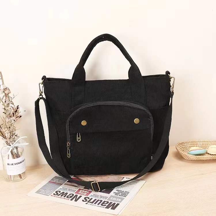 Corduroy Shoulder Bag Women Vintage Shopping Bags Zipper Girls Student Bookbag Handbags Casual Tote With Outside Pocket - SKILL-SELL