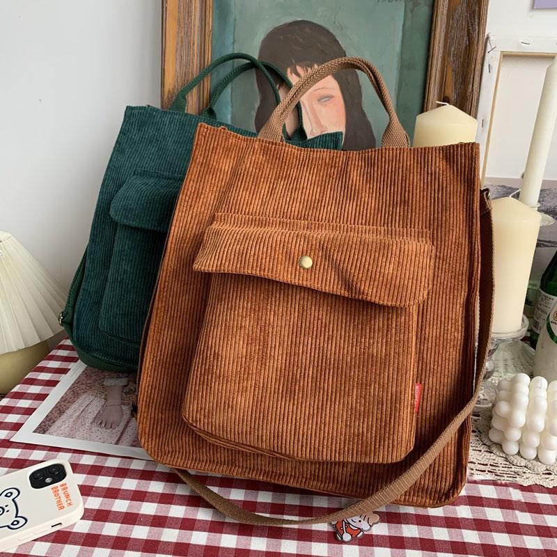 Corduroy Shoulder Bag Women Vintage Shopping Bags Zipper Girls Student Bookbag Handbags Casual Tote With Outside Pocket - SKILL-SELL