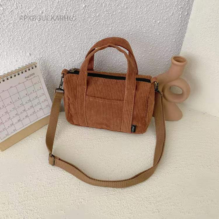 Corduroy Shoulder Bag Women Vintage Shopping Bags Zipper Girls Student Bookbag Handbags Casual Tote With Outside Pocket - SKILL-SELL