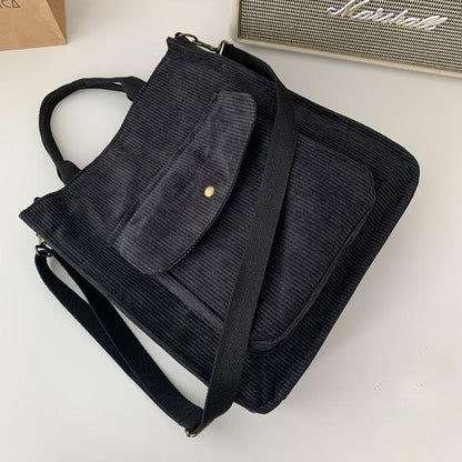 Corduroy Shoulder Bag Women Vintage Shopping Bags Zipper Girls Student Bookbag Handbags Casual Tote With Outside Pocket - SKILL-SELL