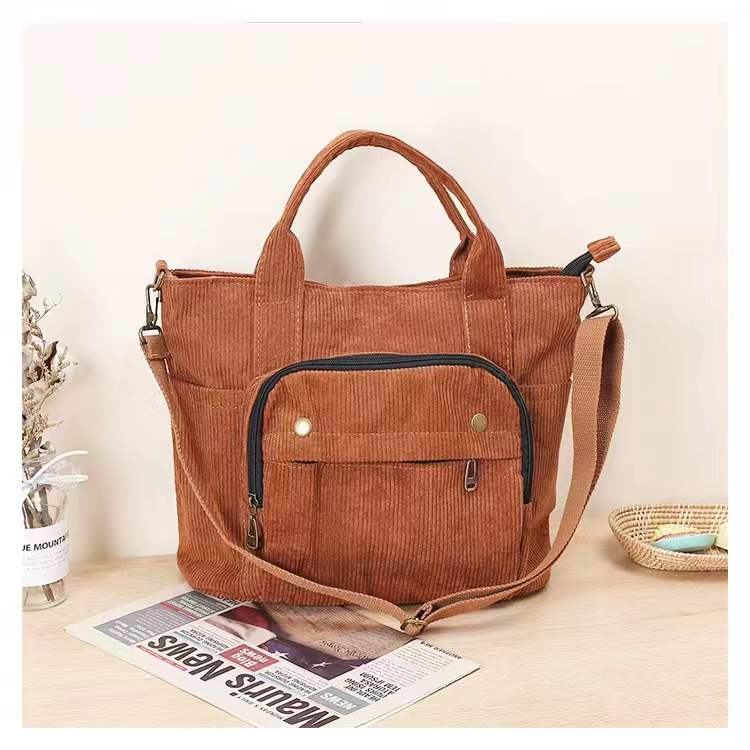 Corduroy Shoulder Bag Women Vintage Shopping Bags Zipper Girls Student Bookbag Handbags Casual Tote With Outside Pocket - SKILL-SELL