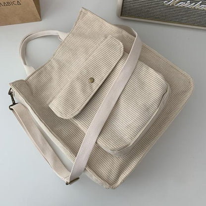 Bolsa de ombro de veludo feminina, sacola de compras vintage com zíper, bolsa de livros para estudantes, bolsa casual com bolso externo - SKILL-SELL