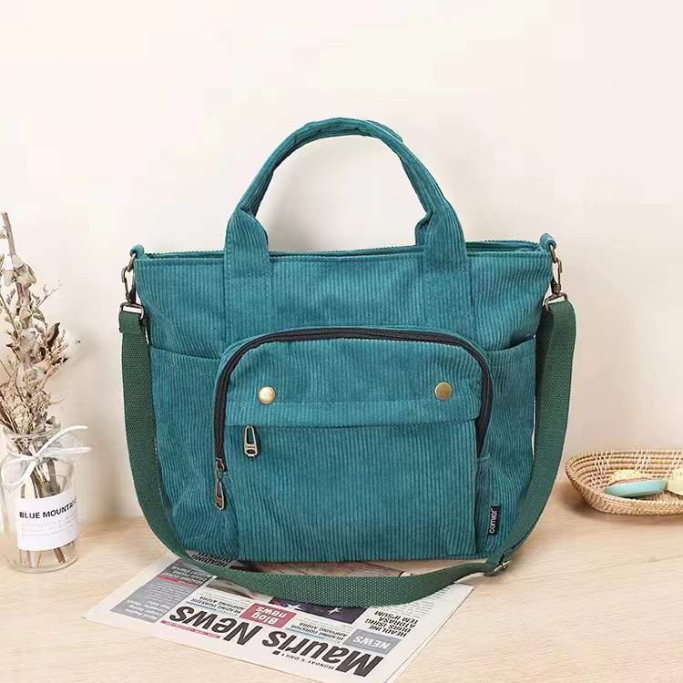 Corduroy Shoulder Bag Women Vintage Shopping Bags Zipper Girls Student Bookbag Handbags Casual Tote With Outside Pocket - SKILL-SELL