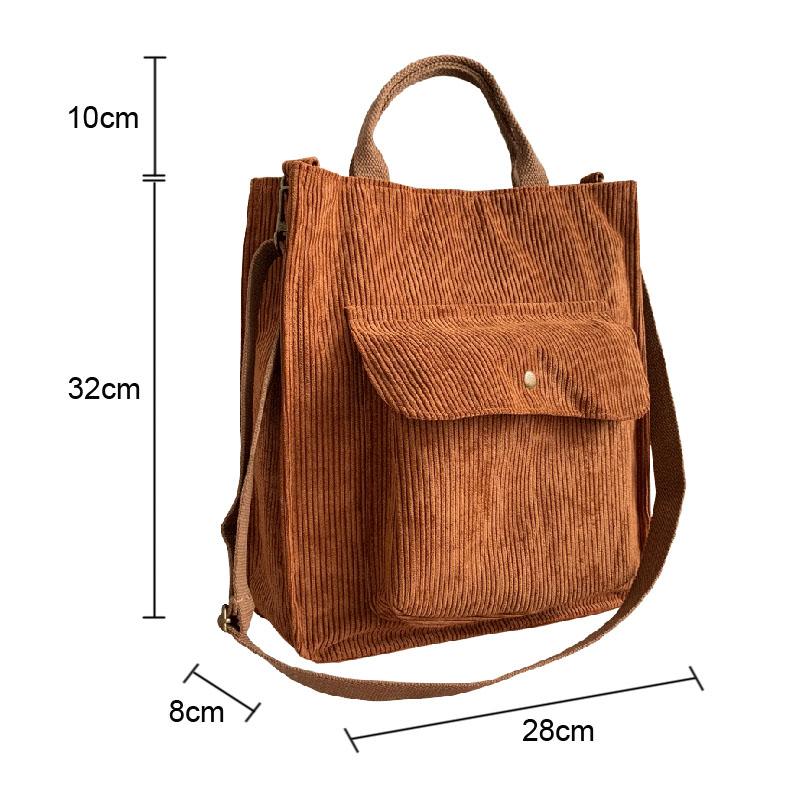 Corduroy Shoulder Bag Women Vintage Shopping Bags Zipper Girls Student Bookbag Handbags Casual Tote With Outside Pocket - SKILL-SELL