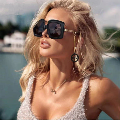 European and American Ins New Large Frame Black and White Striped Fashion Women's Sunglasses Chain Sunglasses - SKILL-SELL
