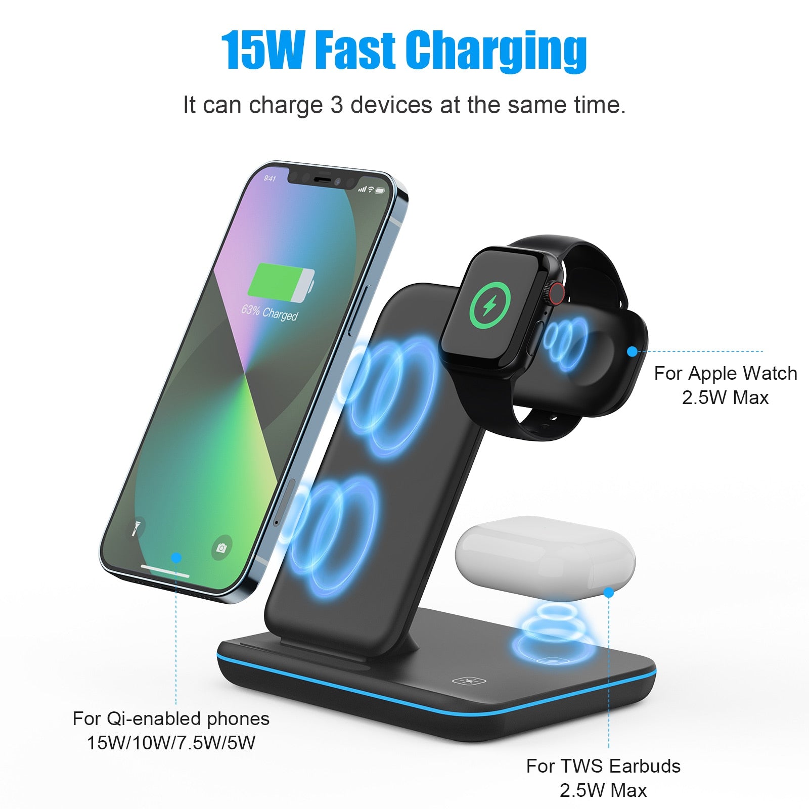 Suporte de carregador sem fio 15W Qi Fast Charging Station Dock para Apple Watch iWatch 7 AirPods Pro para iPhone 14 13 12 11 Pro XS XR X - SKILL-SELL
