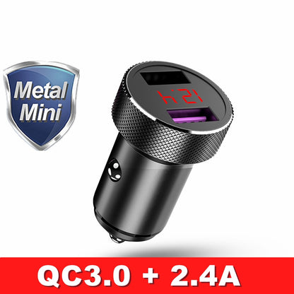 QC 3.0 Metal Dual USB Carregador de carro para telefone LED Display digital para iPhone Xiaomi Samsung Huawei Monitoramento de tensão de carregamento rápido - SKILL-SELL