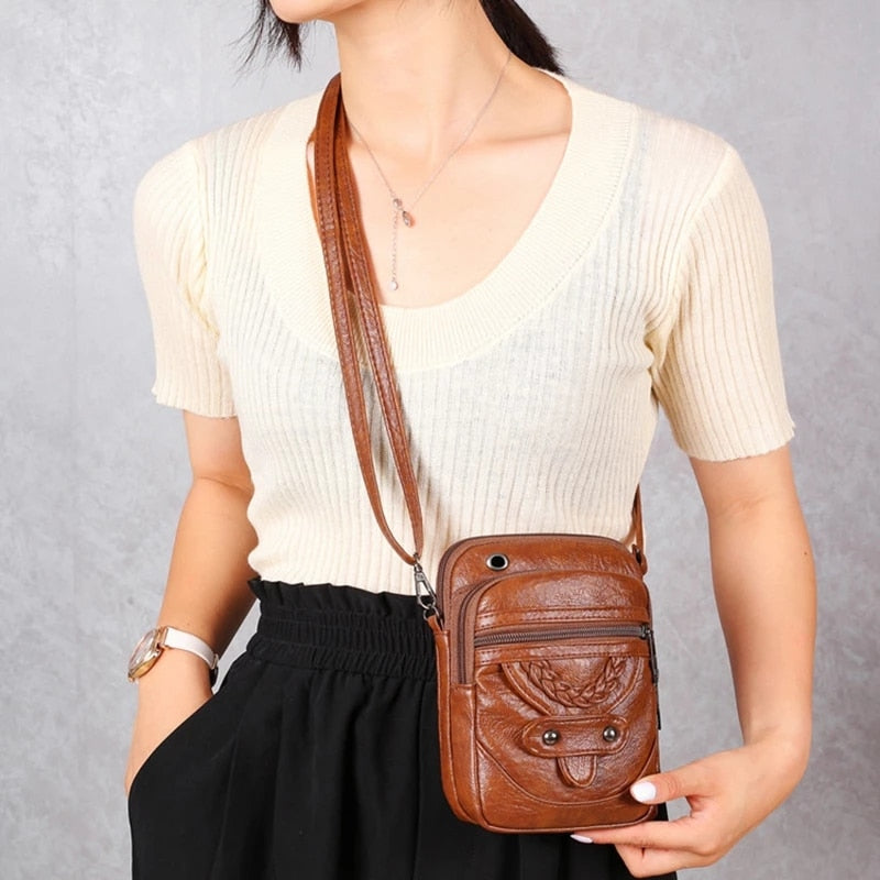 Retro bolsa feminina de couro macio ombro mensageiro saco celular crossbody saco multifuncional quadrado bolsa de compras bolsa - SKILL-SELL