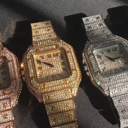 Hip Hop Full Iced Out Full Drill Men Square Relógios Aço Inoxidável Moda Luxo strass Quartz Square Business Watch