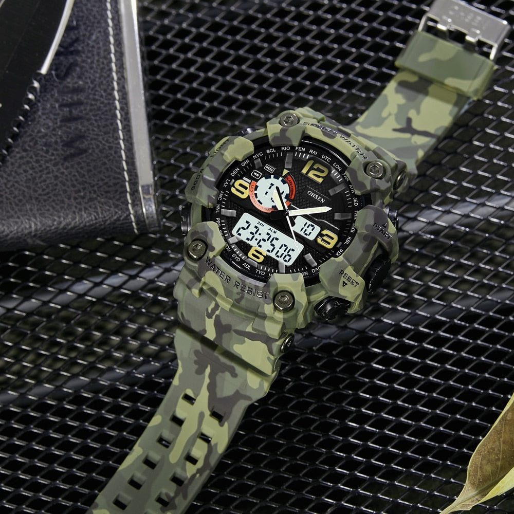 Moda Relógio Digital Masculino de Quartzo Dual time Verde Exército - SKILL-SELL
