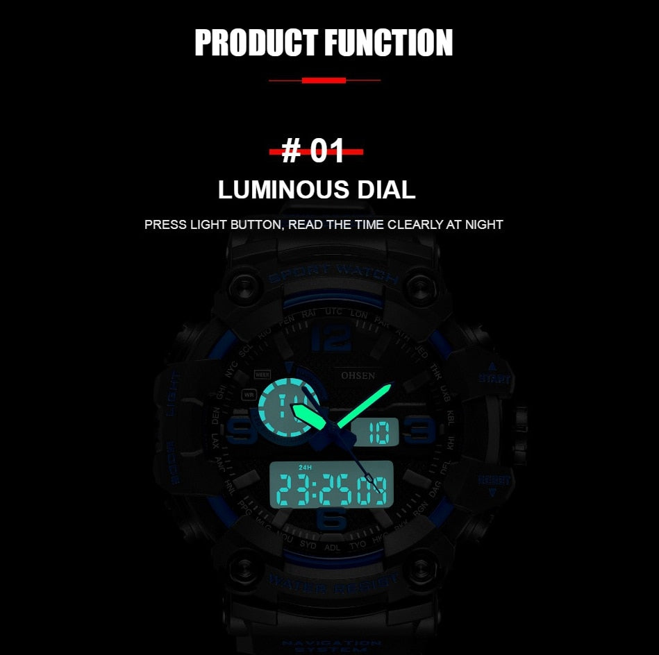 Moda Relógio Digital Masculino de Quartzo Dual time Verde Exército - SKILL-SELL