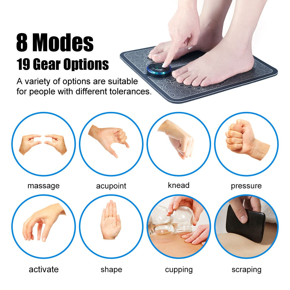 Tapete massageador de pés elétrico EMS 8 modos, alívio da dor, estimulador muscular, circulação sanguínea, pés, spa + pulso, pescoço, costas, remendo de massagem - SKILL-SELL