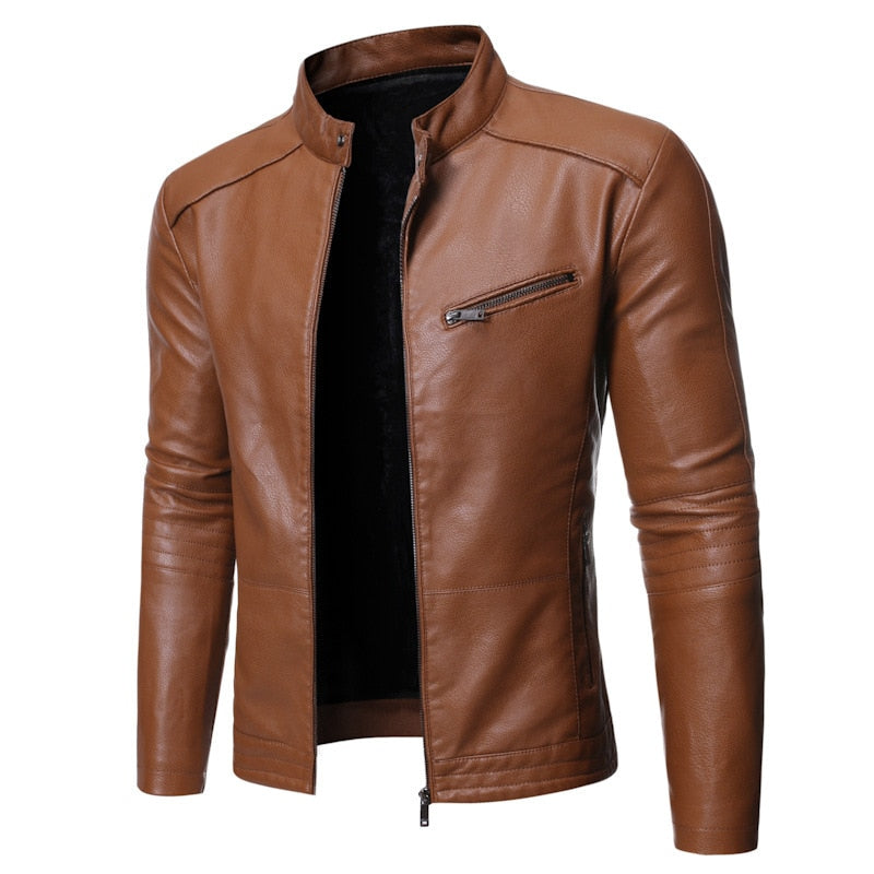 jaqueta de couro pu slim fit stand para motoqueiros - SKILL-SELL